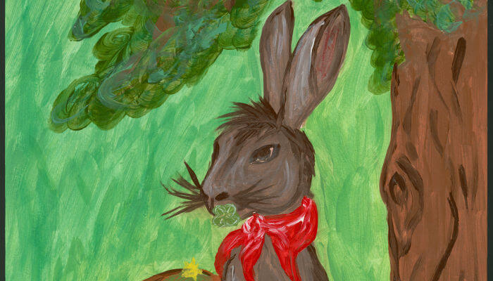 Illustration Feldhase vor Baum mit rotem Halstuch