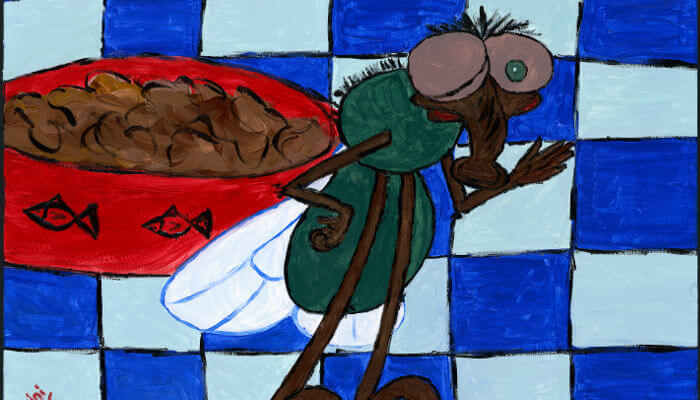 Illustration einer stehenden Schmeissfliege vor Katzenfutternapf