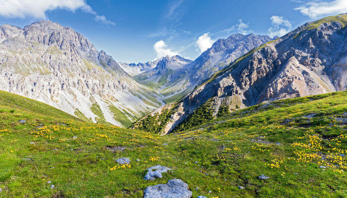 Ein Stück Nationalpark Graue Felswände und grüne Wiesen des Nationalpark