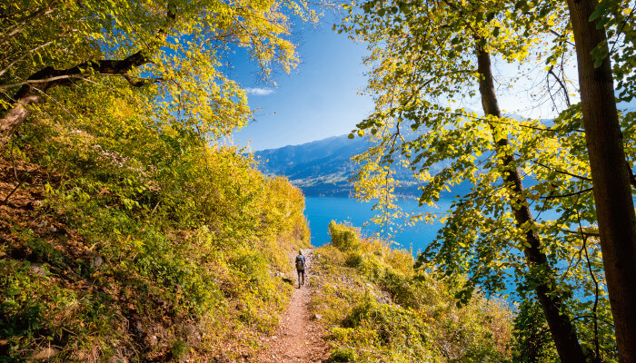 Wanderweg mit Wanderin und Blick auf den Walensee