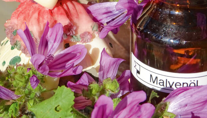 Malveöl in brauner Flasche dekoriert mit violetten Blüten der Malve