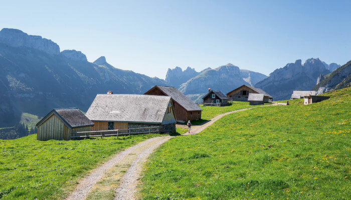 Grüne Wiesen auf einer Alp mit Häusern bei Sonnenschein im Herbst
