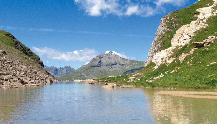 See in den Bergen vor grünem Hang im Sommer